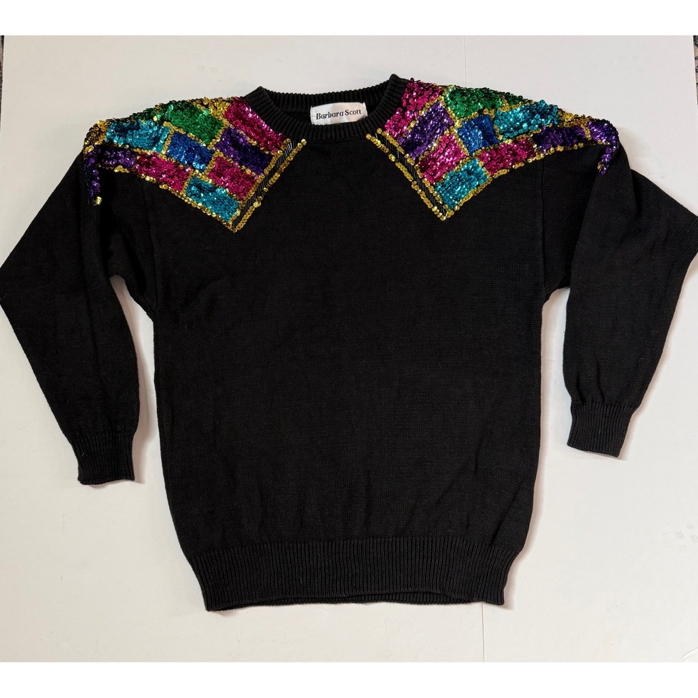 Barbara Scott Vintage Sequin Shoulder Pad Sweater Black Ramie Cotton Medium